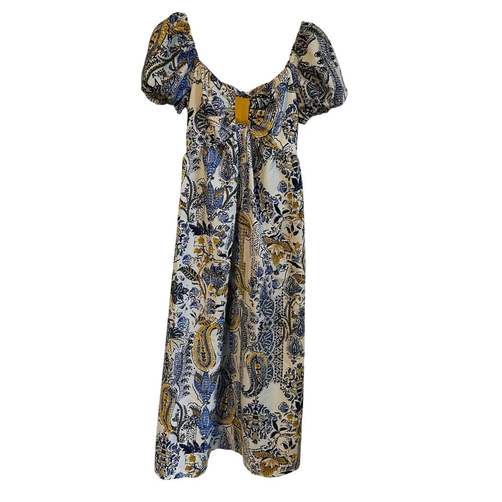 Band Of The Free Midi Dress Sz S Multicolor Paisley Floral Puff Sleeve Back Tie